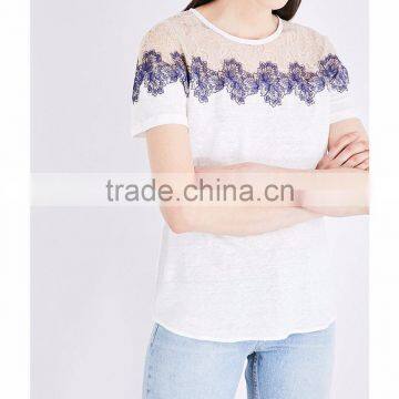 Customized Wholesale Lady's Apparel Simple Classic Floral Linen and Lace T-shirt(DQM005T) photo-3