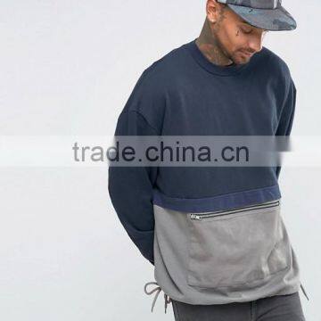 Custom Crew Neck Dropped Shoulders Front Zip Pocket Drawstring Hem Navy Grey Contrast Men's 100% Cotton Casual Sweatshirt