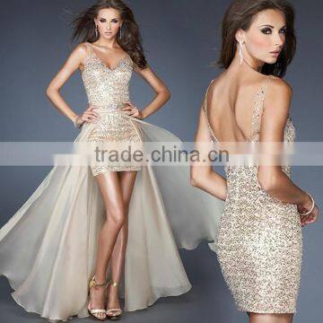 sexy detachable train sequin beaded luxury evening dress