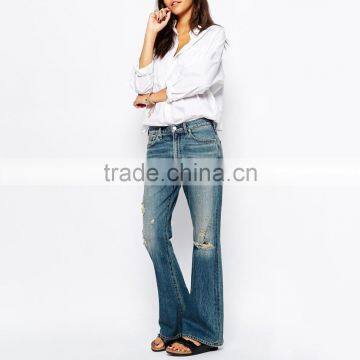 Fashion Fancy Ripped Flared Trousers Bell-bottoms Female Jeans in Bulk photo-4