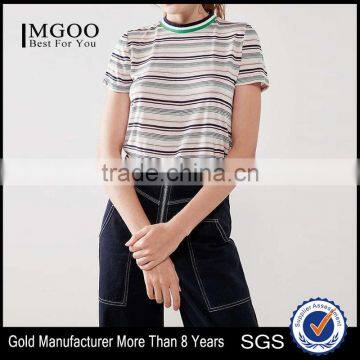 MGOO New Style Fashionable High Neck T-shirt Cotton Polyester Blended Stripe Printing Women T shirt Fitness