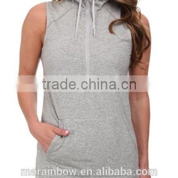 custom high neck ladies sleeveless hoodie half zipper longline gym hoodie grey plain cotton elastane pullover hoodie wholesale