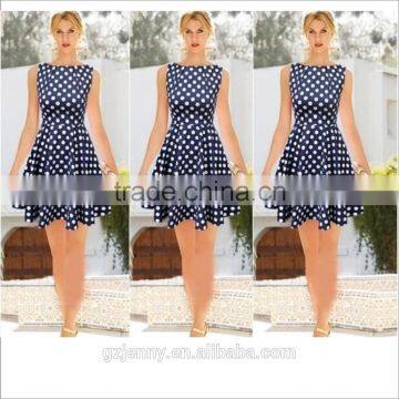Lady Blue Casual Party Swing Midi Crew Neck Polka Dot Dress