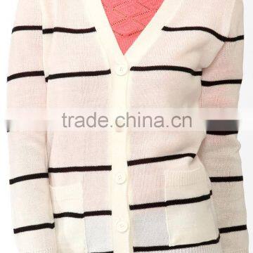 Boyfriend Style Y Neck Button up Stripe Cardigan 2015 Woman With Patch Pockets photo-4