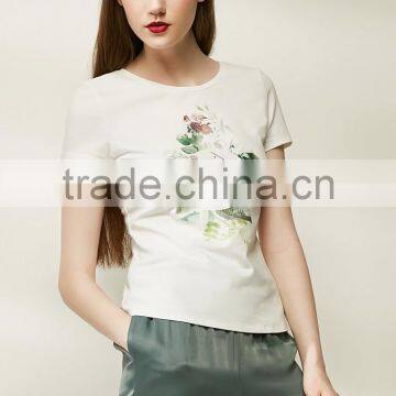 Girls 95% Cotton 5%spandex Skinny Short Sleeve Flower Printing White Tee