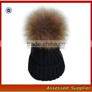 FXS083 Hot selling large raccoon fur pom pom beanie hats