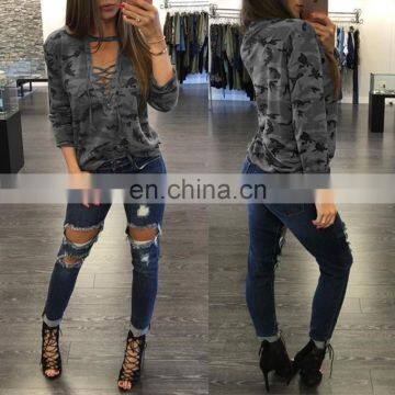 Ladies Army Military Camouflage hollow strap long sleeve T-shirt Clothes