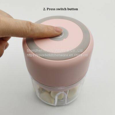 250ml Pink Garlic Chopper Electric Mini Garlic Chopper Garlic Cutter Garlic Masher Garlic Press Mincer Pepper Chili Vegetable Nuts Meat Grinder Food Processor Mincer Blender Mixer