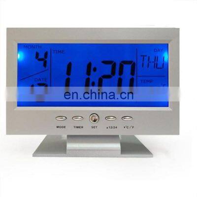 TV Blue Backlight Voice Control Digital Temperature Display Black LED Alarm Clock Snooze Desk Bedside Watch