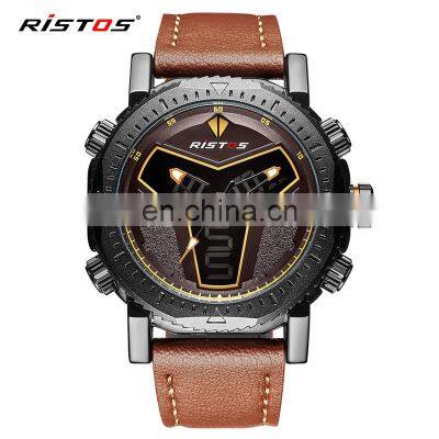 RISTOS 9341 Super Cool LCD Display Watch Leather Multifunction Backlight Men's Chronograph Watch photo-5