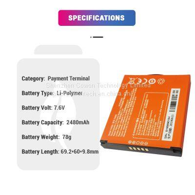 Li-polymer 7.6V 2480mAh Rechargeable Replacement 2ICP5 58 84 P2 T6900 Battery for Sunmi POS Payment Terminal photo-2