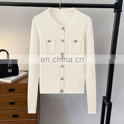 Wholesale Rib Knitted Round Neck Sweater Women's Button Down Cashmere Cardigan photo-2