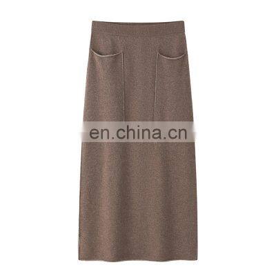 Custom Elegant Lady Dress 100% Real Cashmere Yarn Dyed Breathable Slim Fit Skirt Natural Waistline Plain Knitted Solid Pattern