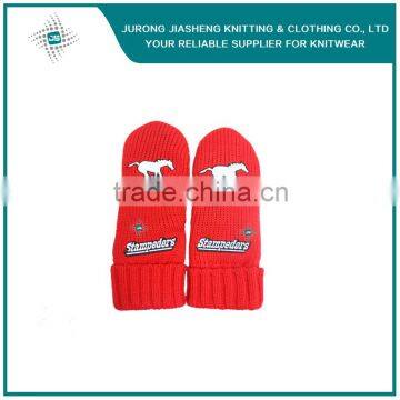 Deep Red Embroidery Knitted Mitten Gloves