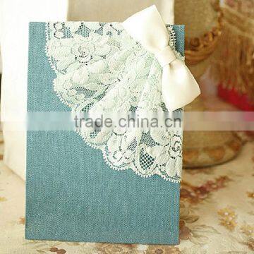 Handmade & unique blue linen wedding invitations with white laces * bow