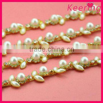 wholesale flower shape decorative rhinestone and pearl bead chain for garment WRC-215