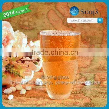 Trina cheap gift tall glass beer cups frosted with machine pressed logo on wall & bottom glass cup