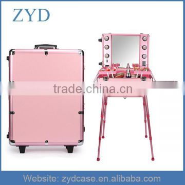 Large Pink Aluminum Trolley Makeup Case With Lighted Mirror ZYD-HZ82802