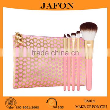 Synthetic hair pink wood handle 5pcs cosmetic brush gift set christmas