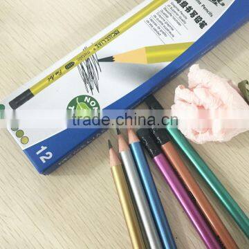 Standard size round shape soft wood metallic color body pencil with eraser