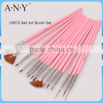 ANY Professional Nail Art Beauty Tool 15 Nail Brush Set Pink Color Wood Handle