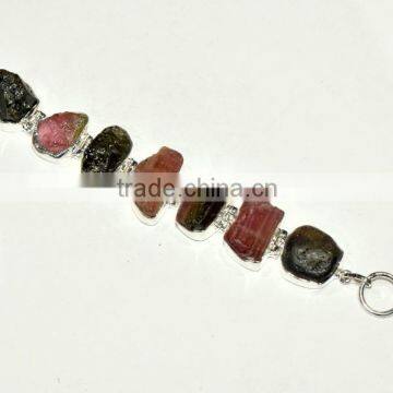 Rough Tourmaline Natural Gemstones 925 Sterling Silver Bracelet Jewelry