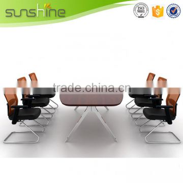 Modern meeting table design oval shape teak color Size available with hardware metal leg