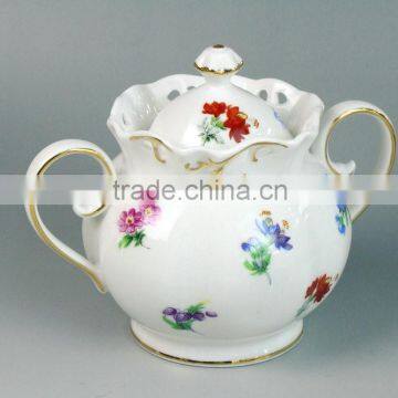China Wholesale White Gold Ceramic Sugar Mason Jar With Handle Lid photo-2