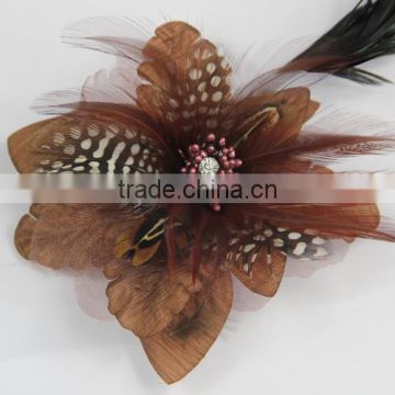 Girls Women Boutique Flower brooch Hair Bow Clips Brooch Feather Brown