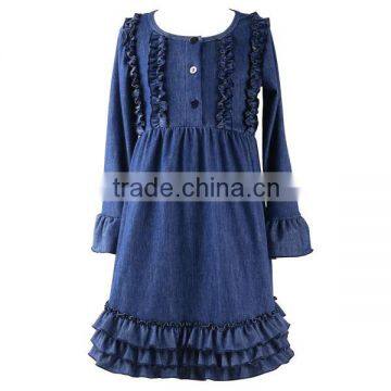 Wholesale Dark Denim Color Long Sleeve Dress Toddler & Girls kids Fall Ruffle Dresses