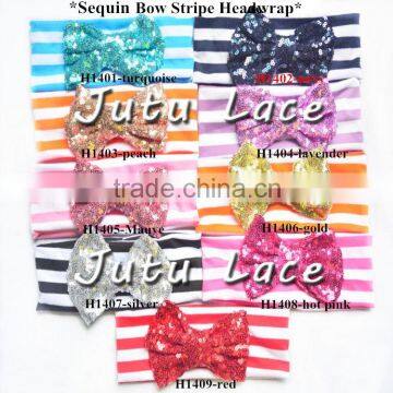 9 Colors in Stock Babies Headband Stripes Fabric, Sequin Bow Stripe Cotton Knot Headband Wholesale photo-2