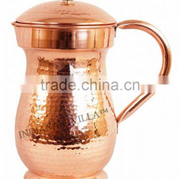 IndianArtVilla Pure Copper Hammered Jug Pitcher 1750 ML - Storage Water Home Hotel Restaurant Benefit Yoga Ayurveda