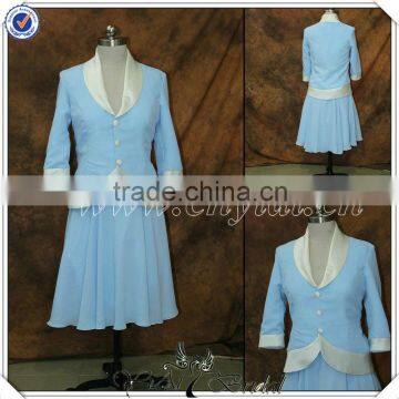 PP2595 Elegant Blue Chiffon Tea Length Mother of The Bride Dresses with long jacket