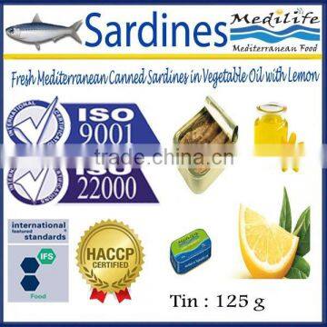 Fresh Mediterranean canned Sardines in Vegetable Oil, canned Sardines,Sardines in cans with lemon,Sardines inVegetable Oil,125g