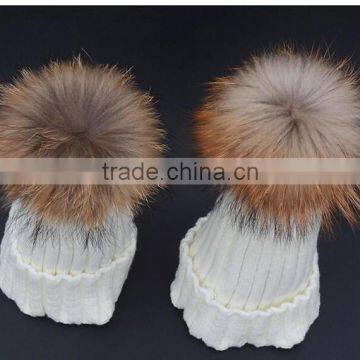 Children Hat Kids Hat Children Winter Raccoon Fur Hats 100% Real 15cm Fur Pompom Beanies Cap Natural Fur Hat For Kids Children