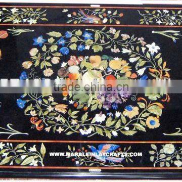 Black Marble Inlay Dining Table Top Pietra Dura Table Top