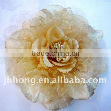 6.3" gauze camellia hair flower rhinestone centered fabric flower