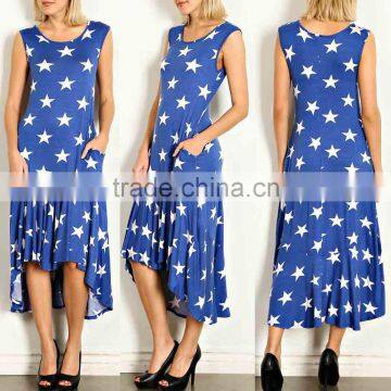 KNIT DRESS 95% POLYESTER 5% RAYON STAR PRINT RUFFLE HEM HI LO Fashion designer women's dresses