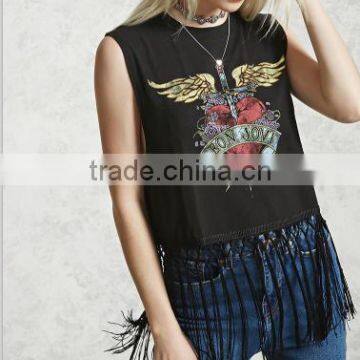 2017 Women Fashion Tank Top Ptinted Front Tassel Details Black Cool Tops for Women photo-3