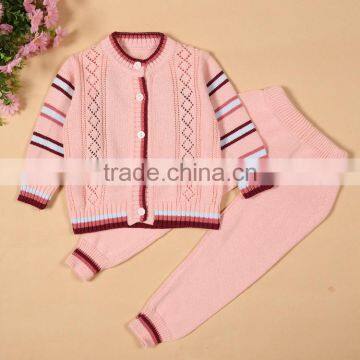 Fashion Cute Design Baby Knitted Pink Sweater Clothing Infant Pant Coats Set photo-2