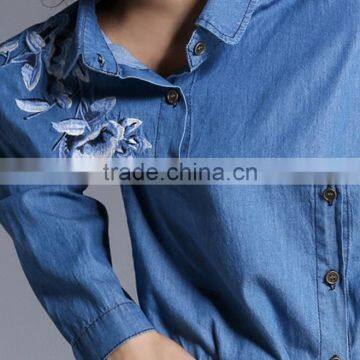 Zm50273b 2017 New Product Lady Garment Fashion Lapel Long Sleeve Embroidery Jean Women Blouse photo-3