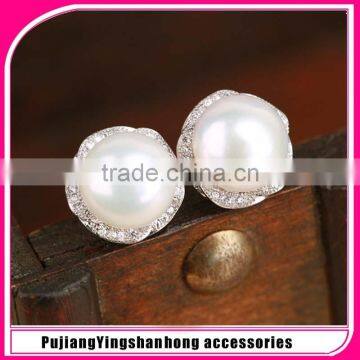 2016 New style real pearl earing Pearl Earring Studs Button Shape Natural pearl earing 925 sterling silver