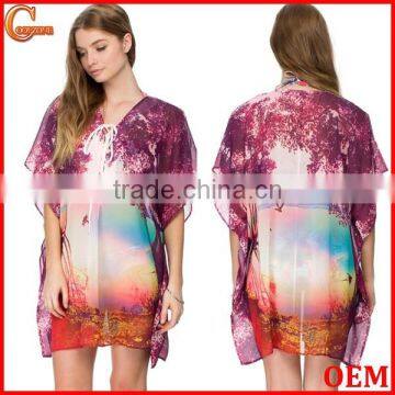 Relaxed fit lace v neck lakeside print kaftan women kaftan dress