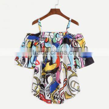 2017 new designs Off shoulder printed character pattern ladies short sleeve blouses