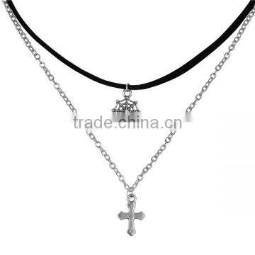 Velvet Suede Double Layer Halloween Choker Necklace Tone & Antique Silver Black Cobweb Cross 33.5cm Long photo-3