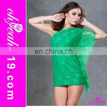 Multicolored sexy women one-shoulder short lace green dress