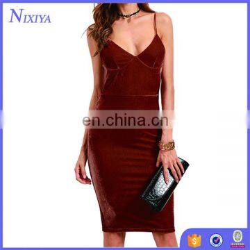 Brick Red Velvet Cami Pencil Dress Sexy Club Wear Slim Dress Women Sleeveless V Neck Knee Length Dress