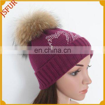 Jsfur Wholesale Raccoon Fur Bobble Hat Winter Women Hat