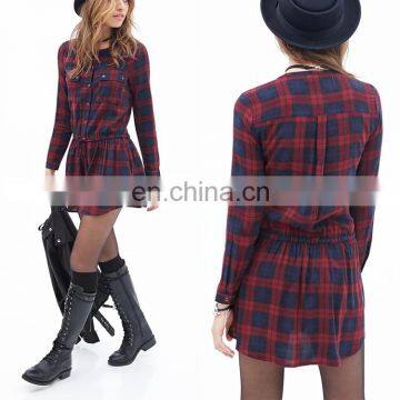 Lady check dress long sleeve plaid flannel shirt dress with drawstring waist