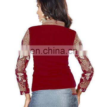 Velvet Machine Work Red Unstitched Blouse for Women photo-2